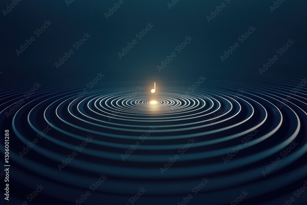 Poster minimalist abstract design showing lone musical note glowing at center of concentric light patterns 