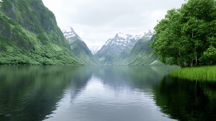 Calm Lake Reflecting Mountains Under Cloudy Sky