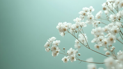 Delicate white gypsophila flowers against a soft teal background. Perfect for wedding invitations, blogs, or feminine branding.