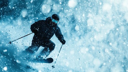 Obraz premium A skier moves through a snowy landscape, surrounded by swirling snowflakes, capturing the thrill of winter sports and adventure.