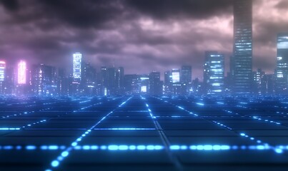 A vibrant cityscape showcasing renewable energy technology and modern architecture.