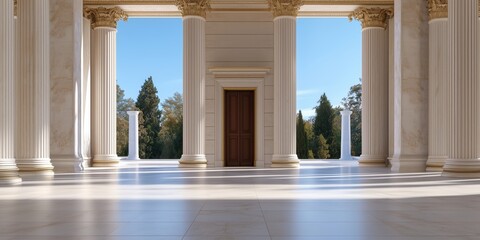 Fototapeta premium A stunning view of towering columns and an elegant doorway, showcasing classical architecture bathed in natural light, evoking a sense of grandeur and history.
