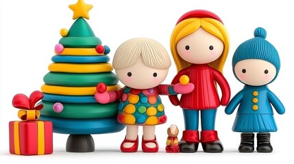 Fototapeta premium Cheerful Clay Dolls by Colorful Christmas Tree and Gift