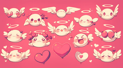 Cute cartoon angels with hearts and expressions on a pink background, ideal for Valentine's Day themes