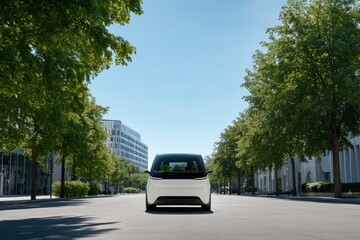 Fototapeta premium modern eco-friendly taxi stands on tree-lined city street beneath bright blue sky vehicle innovative design and green