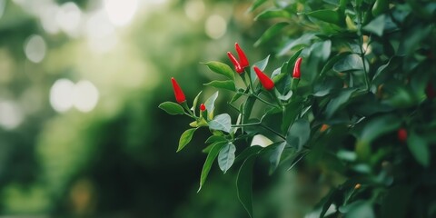 Obraz premium A close-up image of vibrant red chili peppers growing on a lush green plant, symbolizing freshness, spiciness, and culinary excitement in vibrant natural aesthetics.