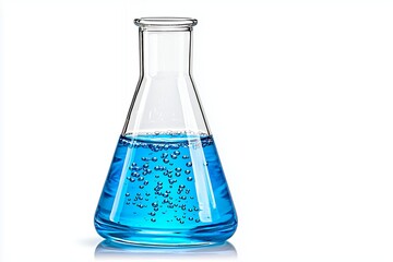Clear Erlenmeyer Flask with Bright Blue Liquid and Bubbles on White Background