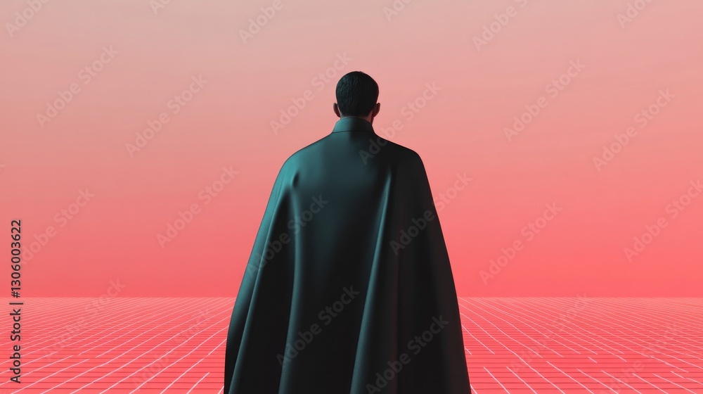 Poster monochromatic figure wearing sleek metallic cape posed in glowing grid-lined environment with genero