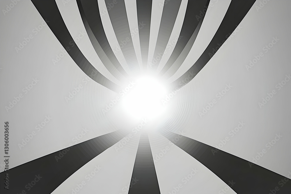 Poster abstract grayscale image depicting converging lines creating a tunnel effect leading to a bright lig