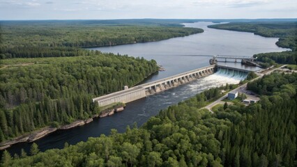 Aerial view of a dam surrounded by lush green forest and a river.