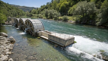 Watermill by a flowing river surrounded by lush greenery and rocky shoreline.
