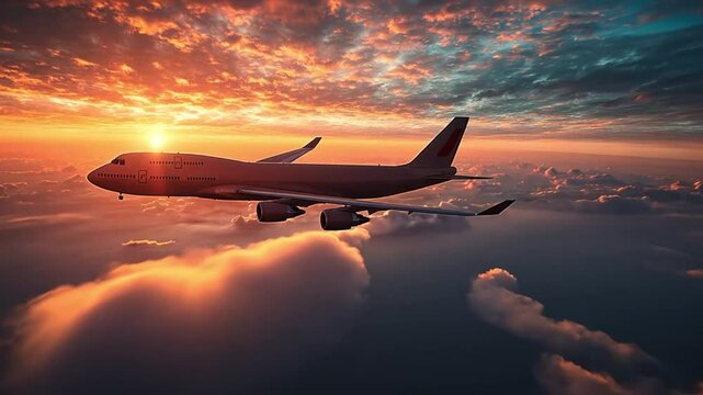 Airplane Flying Above Clouds at Sunset. Scenic Aerial View. Possible Use Travel Poster