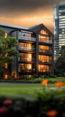 Modern residential building illuminated at dusk surrounded by greenery and urban skyline view