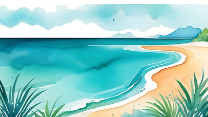 Watercolor Beach Scene with Turquoise Sea and Sandy Shore Illustration