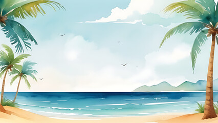 Obraz premium Watercolor Beach Scene with Palm Trees and Ocean View Artwork