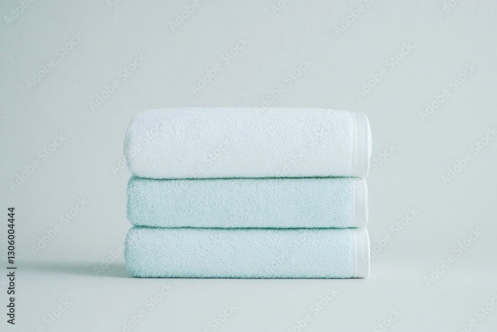 Poster neatly folded stack of pastel-colored towels on plain white background inviting sense of cleanliness
