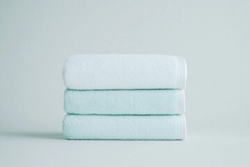 neatly folded stack of pastel-colored towels on plain white background inviting sense of cleanliness and order leaving