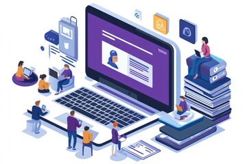 An online learning platform featuring a webinar interface, students attending virtual classes, and icons for courses, assessments, and educational tools.