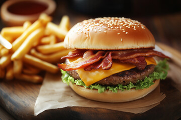 A juicy burger with cheese, bacon, and fries on the side. A classic American diner meal with fresh vegetables, burgers, and french fries