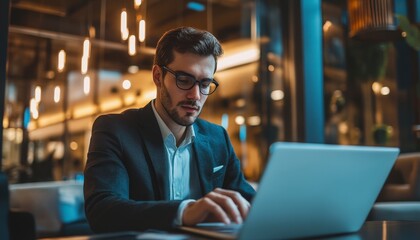 Obraz premium Professional Man Working Late at Night in Modern Office Environment