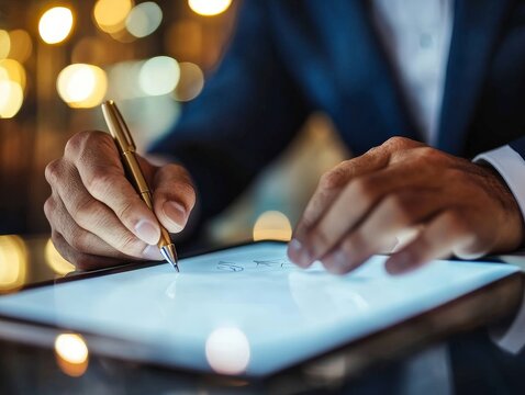 Businessman Writing on Digital Tablet With Gold Pen in Stylish Office