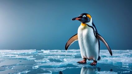 Obraz premium A solitary emperor penguin standing on a melting ice floe against a cool blue background, showcasing its vibrant colors and textures