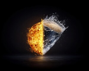 Dynamic Contrast of Fire and Water in a Powerful Elemental Split Formation on a Dark Background