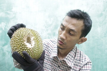 An Asian man wearing black gloves holds and observes a ripe Durian fruit or Durio zibethinus or...