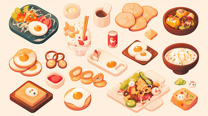 Colorful assortment of various dishes including eggs, noodles, and desserts on a light background