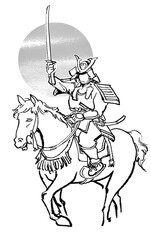 太刀を掲げる騎馬武者-モノクロ