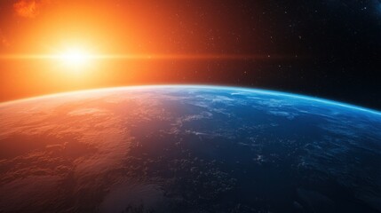A stunning view of Earth from space, showcasing a vibrant sunrise illuminating the planet's horizon against a backdrop of stars.