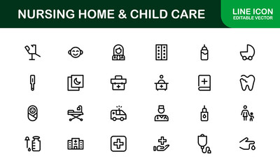 Nursing Home and Child Care Icon Set. Premium Icons for Senior Care, Elderly Assistance, Childcare, and Family Support