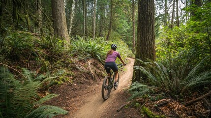Obraz premium A woman cycling on a dirt trail through a forest.