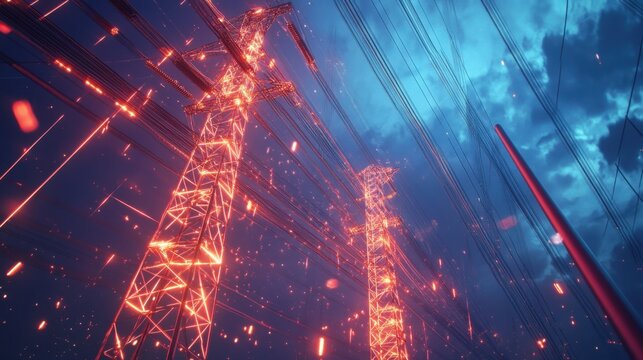 Electric power grid visualization, towering transmission lines with bright energy effects