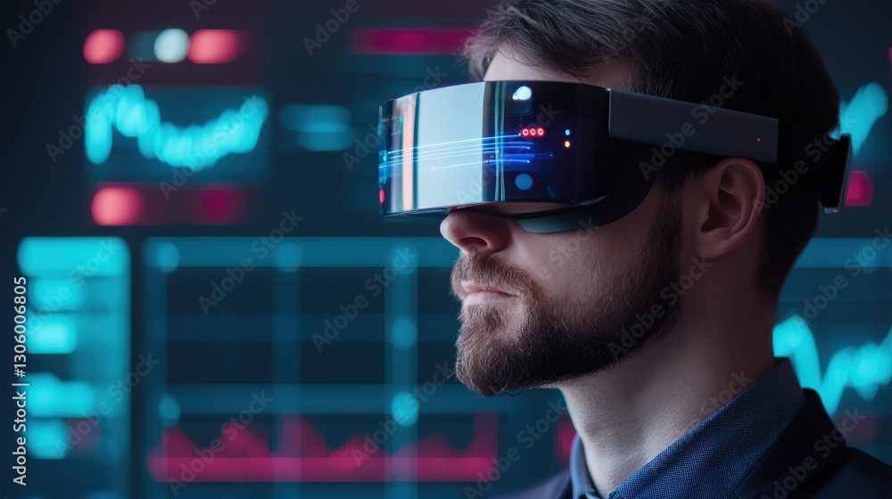 Poster a man wearing futuristic vr goggles stands in front of digital screens displaying graphs and data, i