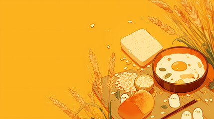 Fototapeta premium Vibrant illustration of a breakfast spread featuring eggs, bread, and grains against a warm yellow backdrop