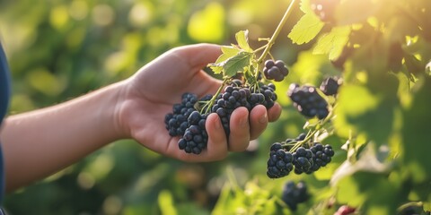 A close-up shot of a hand picking grapes in a vibrant vineyard, symbolizing hard work, connection to food, and the beauty of nature's bounty in an idyllic setting.