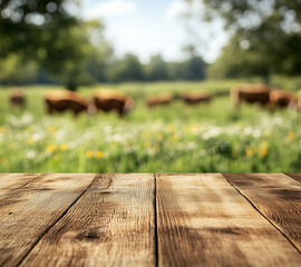 A rustic wooden table in the foreground with a picturesque rural landscape, where cows are grazing in the field under a sunny sky, creating a peaceful and serene farm atmosphere.