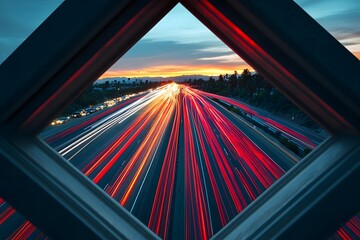 Illuminated Highways at Sunset Capturing Dynamic Urban Mobility and Technology