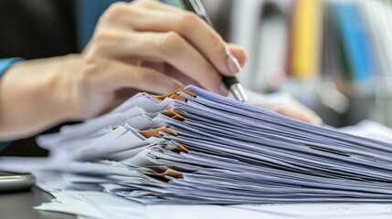 A hand holding a pen writes on a stack of documents, symbolizing paperwork, organization, and office work.