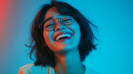 Obraz premium Woman Laughing Joyfully with Closed Eyes Under Vibrant Neon Lighting