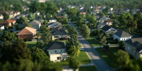 An aerial perspective of a picturesque suburban neighborhood, showcasing charming houses, tree-lined streets, and the beauty of residential life in a community setting.