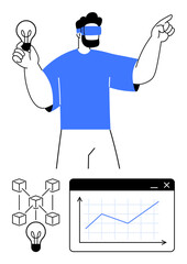 Man in VR headset holding light bulb, pointing, with blockchain blocks and graph indicating data growth. Ideal for innovation, technology, VR, blockchain, analytics growth creativity. Flat simple