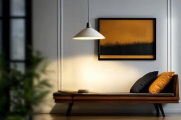 Modern minimalist interior design featuring a sleek sofa, artistic wall painting, and stylish pendant light fixture