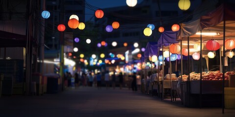 Fototapeta premium A charming night market adorned with colorful lanterns creates a magical atmosphere, attracting visitors who enjoy diverse food options and evening shopping experiences.