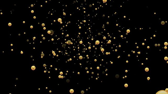 Social Media Hearts, Smilies, Thumbs-Up Angry, Wow, Fuuny And Likes Emoji Particles On Black Background. Social Media Live Streaming Style Animated Icon. Flying Laugh Emoji, Emoji Social Media Element