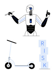 Robot with AI features assessing a scooter and a stack of risk blocks. Ideal for technology, AI innovation, safety, risk management, automation, mobility, futuristic concepts. Abstract line flat