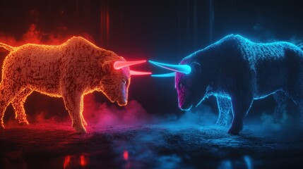 Financial battle of bull vs bear, candlestick chart and neon trading lines