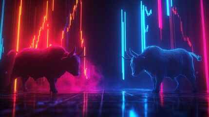 Financial battle of bull vs bear, candlestick chart and neon trading lines