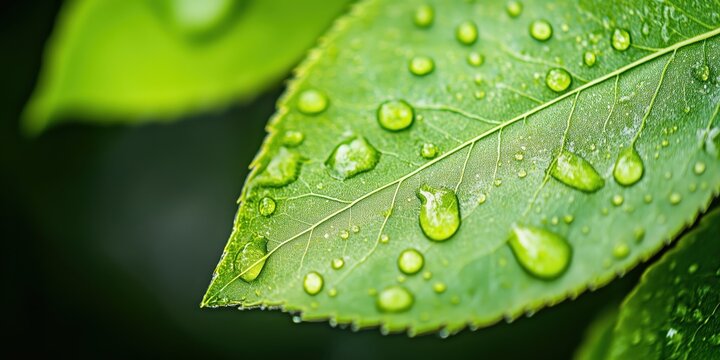 This close-up image showcases vibrant green leaves adorned with glistening water droplets, highlighting the beauty of nature and refreshing ambiance of the environment.